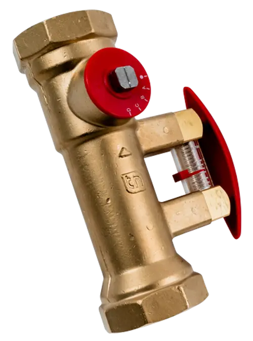 Hydraulisches Ventil mit Messbereich, rot markiert, aus Messing, für Rohrsysteme, typischerweise von Wolf verwendet, zur Regulierung von Wasserströmung.